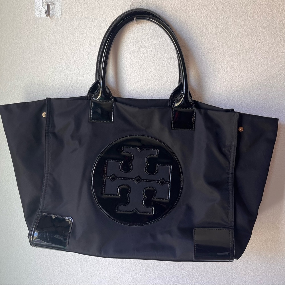 Like New Tory Burch Ella Black Nylon Tote Shoulder Bag